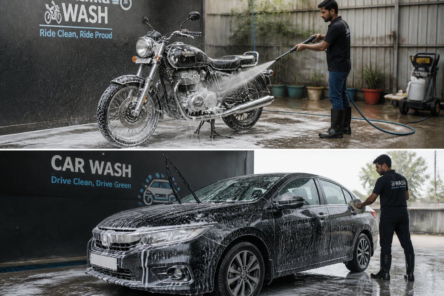 Sedan and motorcycle being washed by staff