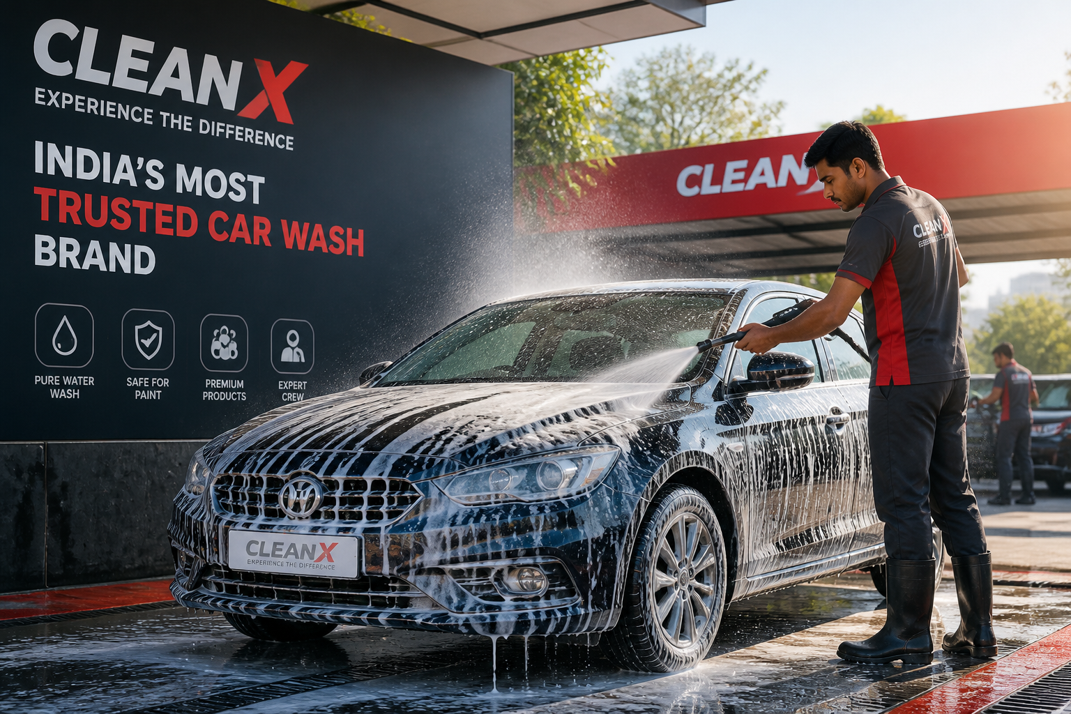 Maruti Swift getting foam wash by professional staff